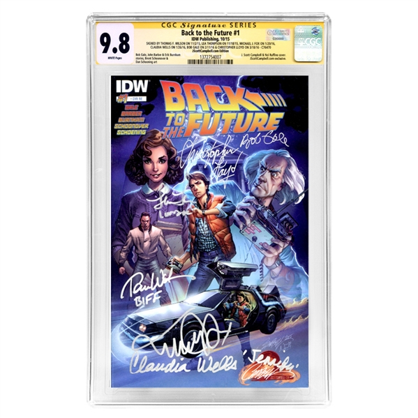 Michael J. Fox, Christopher Lloyd, Tom Wilson, Lea Thompson, Claudia Wells, Bob Gale Autographed 2015 Back to the Future #1 with J. Scott Campbell Variant Cover CGC Signature Series 9.8 Mint