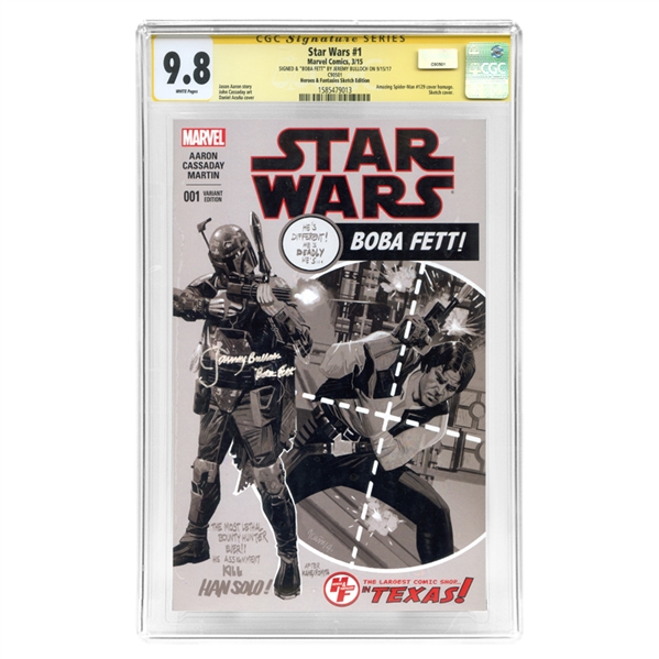 Jeremy Bulloch Autographed 2015 Star Wars #1 with Variant Amazing Spider-Man 129 Homage Cover CGC Signature Series 9.8 Mint W/Boba Fett Inscription