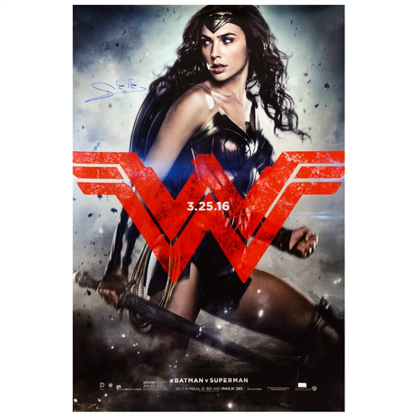 Gal Gadot Autographed 2016 Original Batman vs Superman Wonder Woman 27x40 D/S Movie Poster