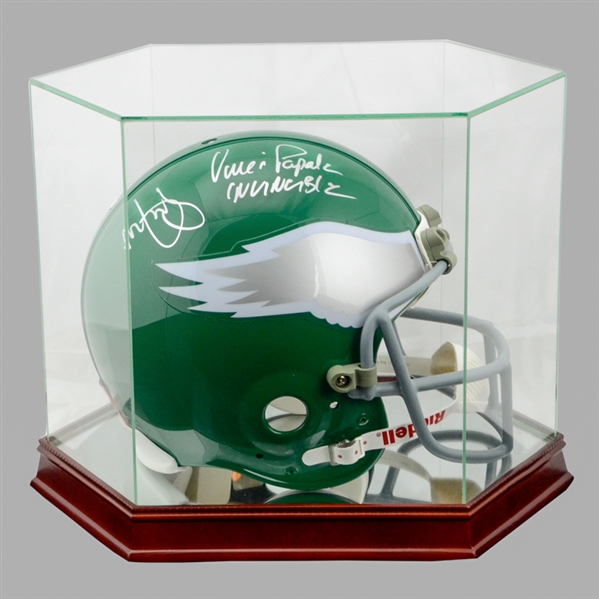 Mark Wahlberg and Vince Papale Autographed 2006 Invincible Philadelphia Eagles Full Size Game Helmet with Glass Display Case