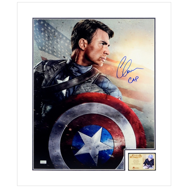 Chris Evans Autographed 2011 Captain America The First Avenger 16x20 Matted Photo w/ Cap Inscription