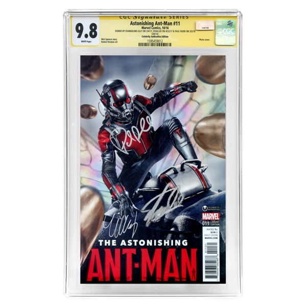 Paul Rudd, Evangeline Lilly, Stan Lee Autographed 2016 Ant-Man #11 Celebrity Authentics Exclusive Variant Photo Cover CGC Signature Series 9.8 Mint