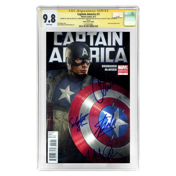 Chris Evans, Sebastian Stan, Hayley Atwell, Stan Lee Autographed 2011 CGC SS SS 9.8 Captain America #1 with Photo Variant Cover