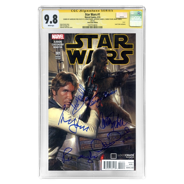 Harrison Ford, Carrie Fisher, Kenny Baker, Mark Hamill, Mayhew, & Daniels Star Wars Cast Autographed 2015 Star Wars #1 Loot Crate Variant Cover CGC Signature Series 9.8 Mint