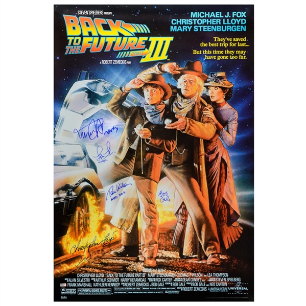 Michael J. Fox, Christopher Lloyd, Thomas Wilson, Lea Thompson, Bob Gale 1990 Autographed 27×40 Back to the Future Part III Movie Poster