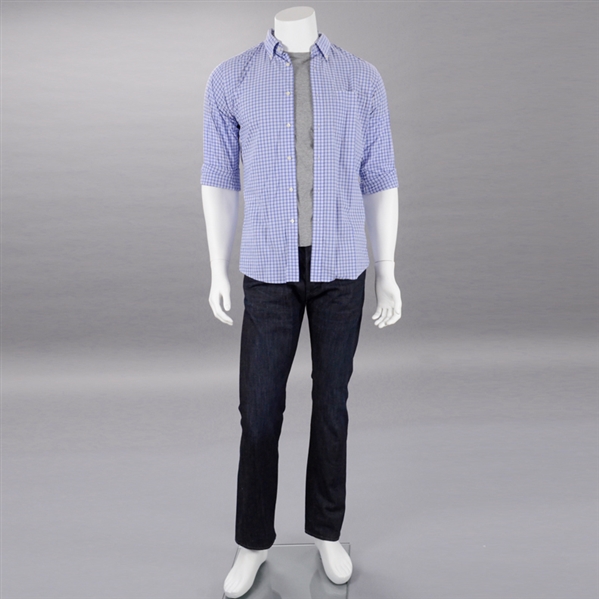 2014 They Came Together Paul Rudd Screen Worn Plaid Button Up Long Sleeve Shirt, Gray T-Shirt and Denim Jeans with Rudd Signed Letter of Authenticity