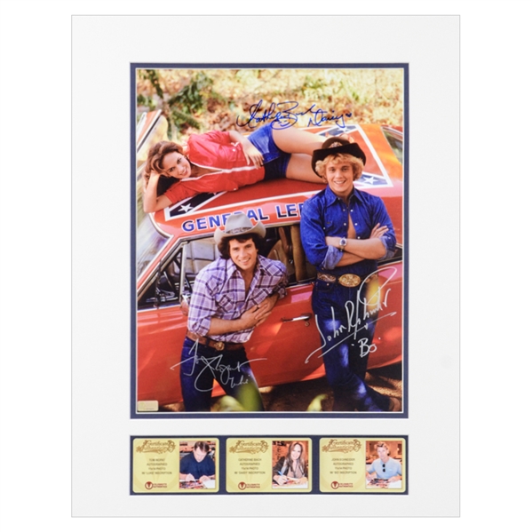 John Schneider, Tom Wopat, Catherine Bach Autographed Dukes of Hazzard General Lee 11x14 Matted Photo