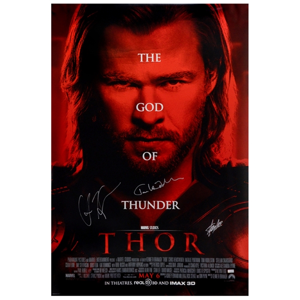 Chris Hemsworth, Tom Hiddleston and Stan Lee Autographed 2011 Thor Original 27x40 D/S Movie Poster