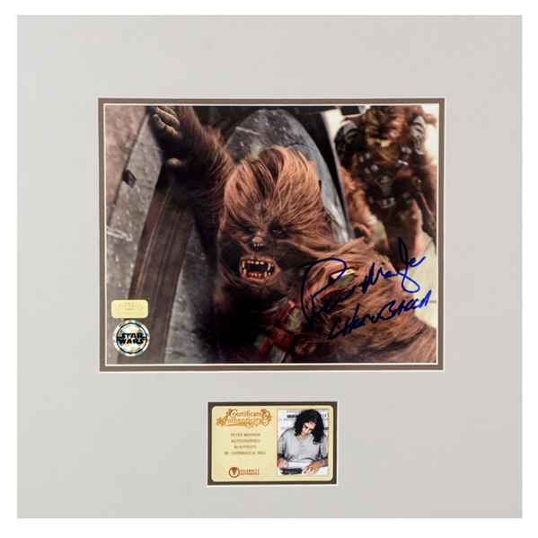 Peter Mayhew Autographed Star Wars Ep/ III Revenge of the Sith Battle Ready Chewbacca Matted 8x10 Photo w/ Chewbacca Inscription