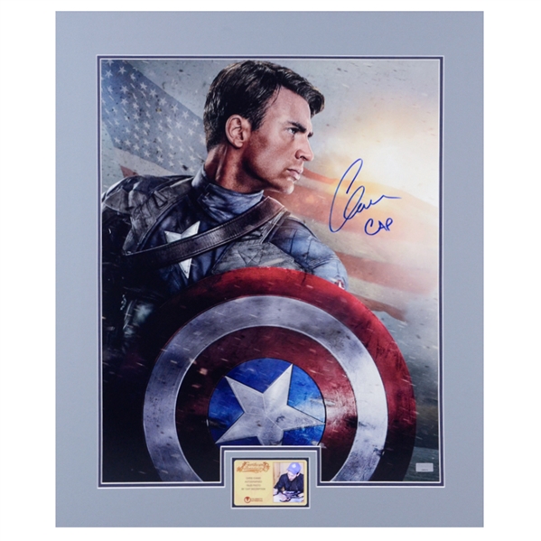 Chris Evans Autographed 2011 Captain America The First Avenger 16x20 Matted Photo w/ Cap Inscription