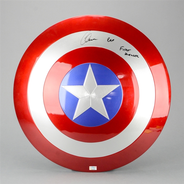 Chris Evans Autographed Cat Toys Captain America 1:1 Prop Replica Shield with Cap - First Avenger Inscription