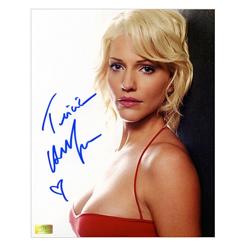 Tricia Helfer Autographed 8×10 BSG Classic Red Dress Photo