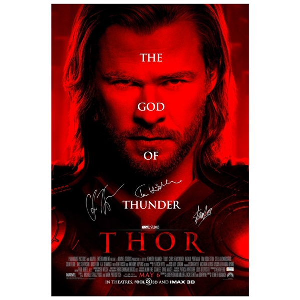 Chris Hemsworth, Tom Hiddleston and Stan Lee Autographed 27×40 Thor Original Poster