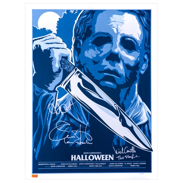  Jamie Lee Curtis, Nick Castle and John Carpenter Autographed 18×24 Halloween Silver Screen Edition Print