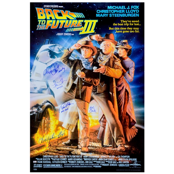   Michael J. Fox, Christopher Lloyd, Thomas Wilson, Lea Thompson, Bob Gale 1990 Autographed 27×40 Back to the Future Part III Movie Poster