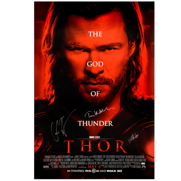 Chris Hemsworth, Tom Hiddleston and Stan Lee Autographed 2011 Thor Original 27x40 D/S Movie Poster