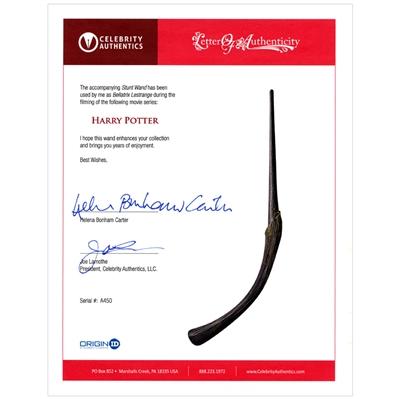 Helena Bonham Carter Bellatrix Lestrange Screen Used 2010 Harry Potter and the Deathly Hallows: Part I Stunt Wand with Bonham Carter Signed Letter of Authenticity