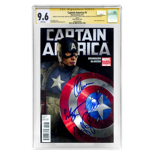 Chris Evans, Sebastian Stan, Hayley Atwell, Stan Lee Autographed CGC SS Signature Series 9.6 Captain America #1 Comic