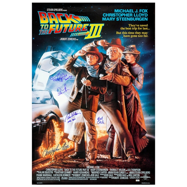 Michael J. Fox, Christopher Lloyd, Thomas Wilson, Lea Thompson, Bob Gale 1990 Autographed 27×40 Back to the Future Part III Movie Poster