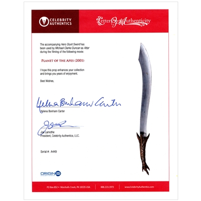 Michael Clarke Duncan 2001 Planet of the Apes Attar Screen Used Hero Stunt Sword with Letter of Authenticity signed by Helena Bonham Carter