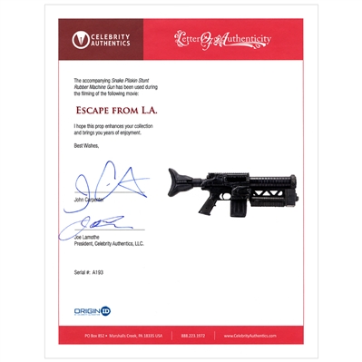 1996 Escape from L.A. Kurt Russell Snake Plisskin Screen Used Hero Stunt Machine Gun with John Carpenter Signed Letter of Authenticity