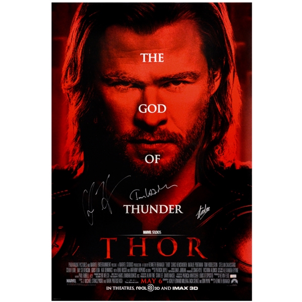 Chris Hemsworth, Tom Hiddleston and Stan Lee Autographed 2011 Thor Original 27x40 Double-Sided Movie Poster