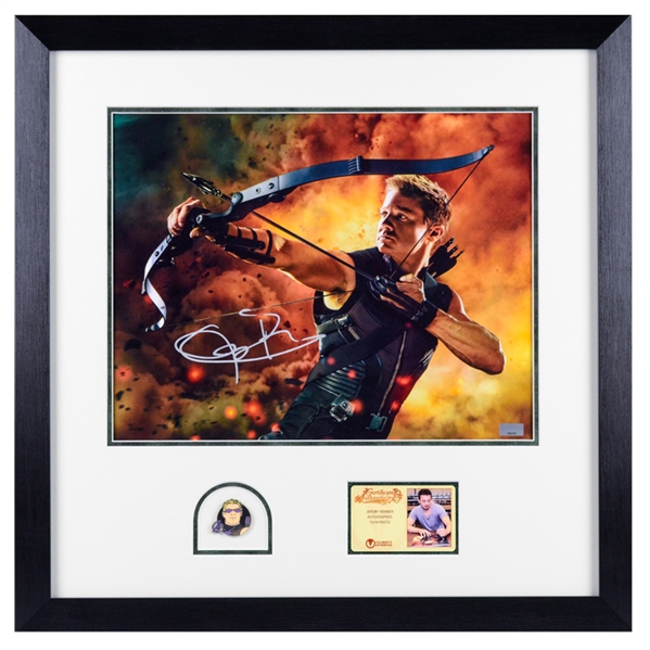 Jeremy Renner Autographed Avengers Hawkeye 11x14 Framed Action Photo with Limited Edition Hawkeye Collectors Pin