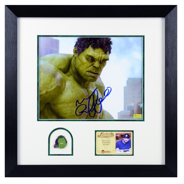 Mark Ruffalo Autographed Avengers The Incredible Hulk 8x10 Framed Photo with Limited Edition Hulk Collectors Pin