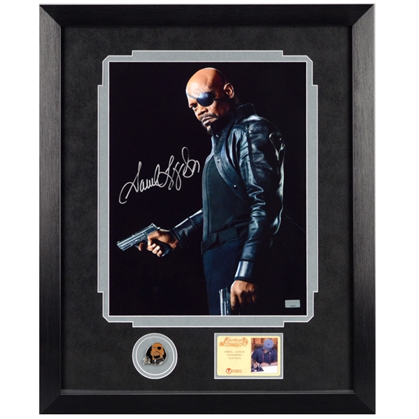 Samuel L. Jackson Autographed Avengers Nick Fury 11x14 Framed Photo with Limited Edition Nick Fury Collectors Pin