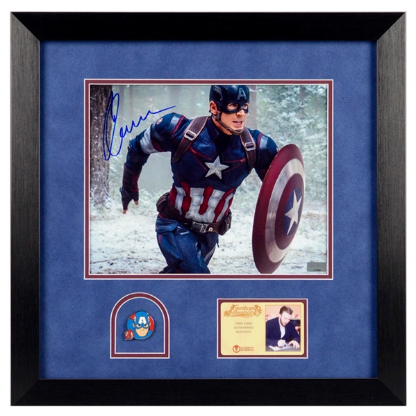 Chris Evans Autographed Avengers Age of Ultron 8x10 Captain America Framed Photo with Limited Edition Captain America Collectors Pin