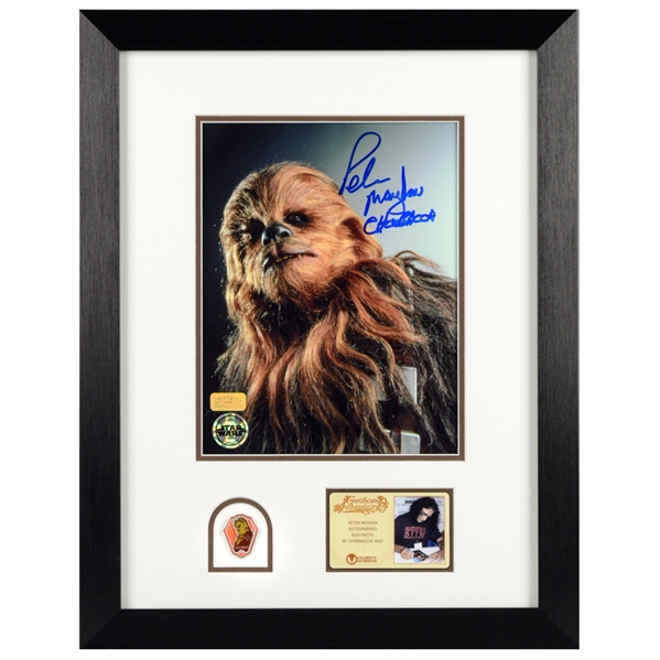 Peter Mayhew Autographed 8×10 Chewbacca Portrait Framed Photo with Limited Edition Chewbacca Collectors Pin 