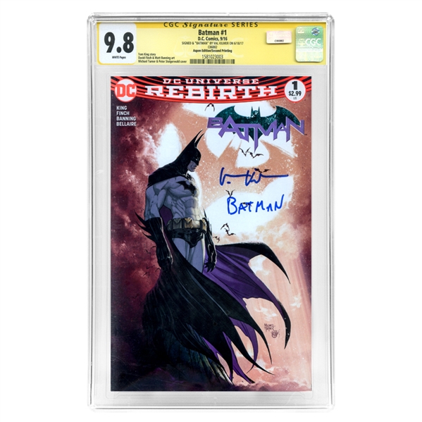 Val Kilmer Autographed 2016 Batman #1 CGC SS 9.8 (Mint) Aspen Variant Cover with Batman Inscription