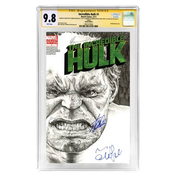 Stan Lee, Mark Ruffalo Autographed 2011 Incredible Hulk #1 CGC SS 9.8 with Original Cover Drawing by Corbyn Kern