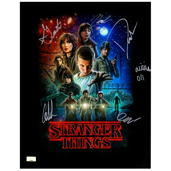 Millie Bobby Brown, Finn Wolfhard, Noah Schnapp, David Harbour, Gaten Matarazzo and Caleb McLaughlin Autographed 11x14 Stranger Things Poster 