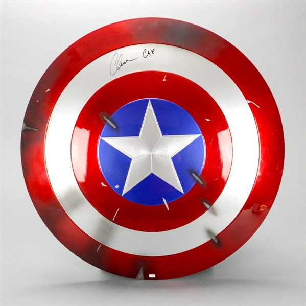 Chris Evans Autographed Cat Toys Captain America Battle Damaged Shield with Cap Inscription