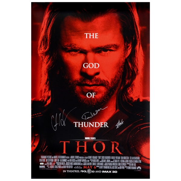 Chris Hemsworth, Tom Hiddleston and Stan Lee Autographed 2011 Thor Original 27x40 D/S Movie Poster