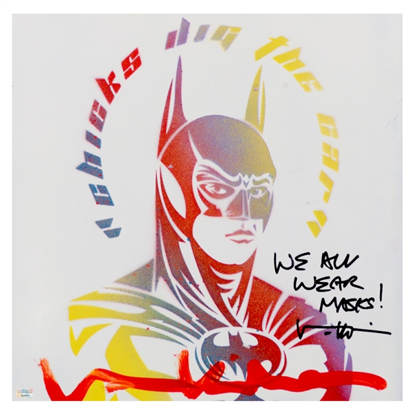 Val Kilmer Autographed Batman Original Metal Artwork with Rare We All Wear Masks! Inscription 