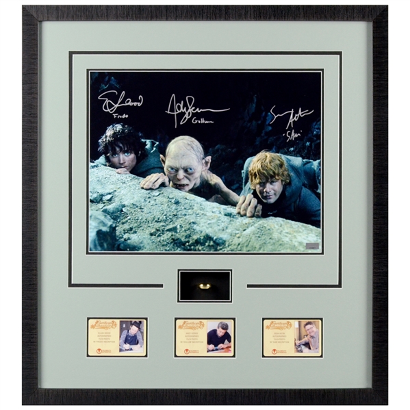 Elijah Wood, Sean Astin, Andy Serkis Autographed Lord of the Rings Scene 11x14 Framed Photo with Special Edition Lord of The Rings Engraved Collectors Ring