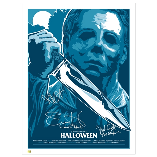 Jamie Lee Curtis, Nick Castle and John Carpenter Autographed Halloween 18x24 Silver Screen Edition Print