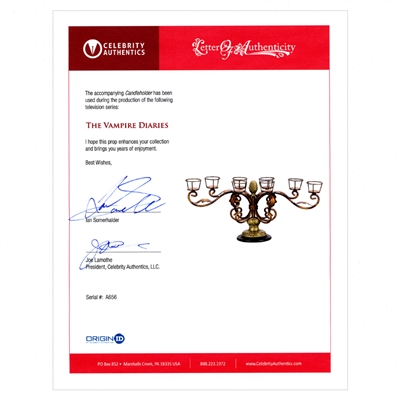  The Vampire Diaries Production Used Prop Candleholder with Ian Somerhalder Signed Letter of Authenticity