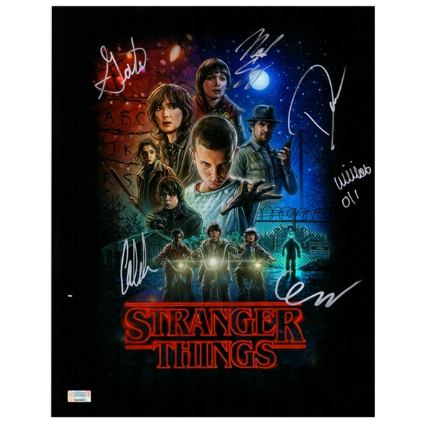 Millie Bobby Brown, Finn Wolfhard, Noah Schnapp, David Harbour, Gaten Matarazzo, Caleb McLaughlin Autographed Stranger Things Season One 11x14 Poster
