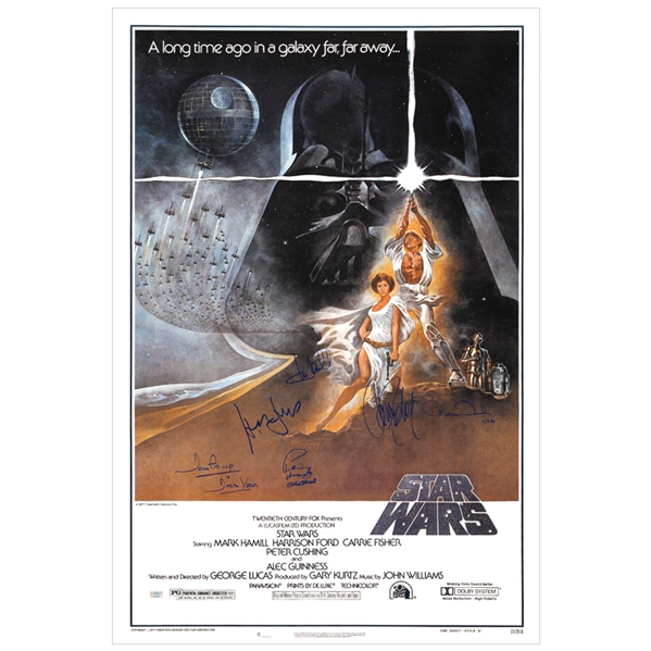 Harrison Ford, Carrie Fisher, Mark Hamill, Peter Mayhew, Anthony Daniels and David Prowse Autographed Star Wars: A New Hope 27×40 Classic Movie Poster