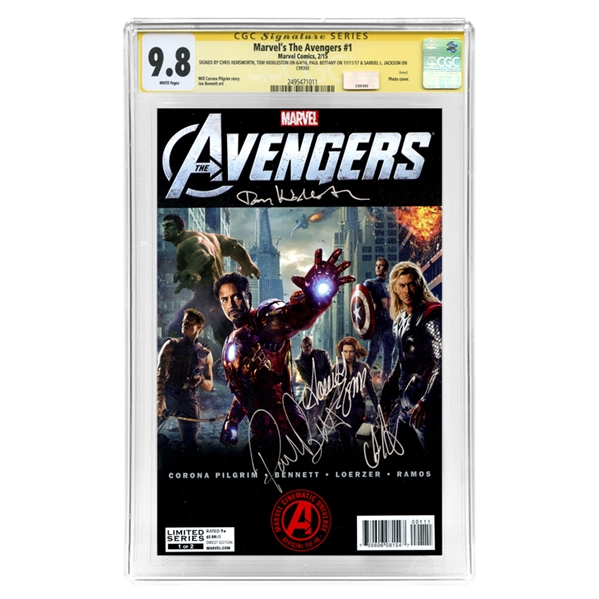 Paul Bettany, Chris Hemsworth, Tom Hiddleston, Samuel L. Jackson Autographed 2015 Avengers #1 CGC Signature Series 9.8 Mint 