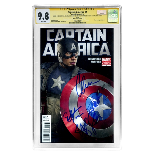 Chris Evans, Sebastian Stan, Hayley Atwell, Stan Lee Autographed 2011 CGC SS SS 9.8 Captain America #1 with Photo Variant Cover