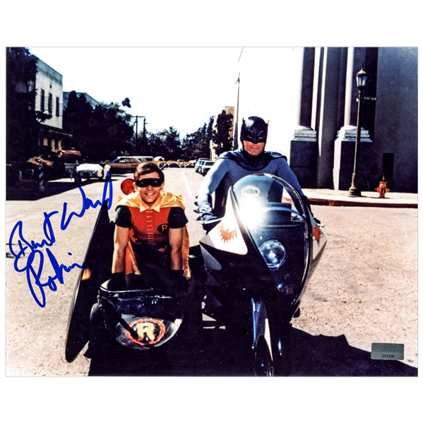 Burt Ward Autographed Batman Batcycle 8x10 Photo with Robin Inscription