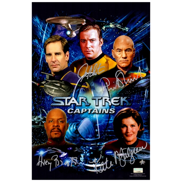 William Shatner, Patrick Stewart, Kate Mulgrew, Avery Brooks Autographed Star Trek Captains 10×15 Photo