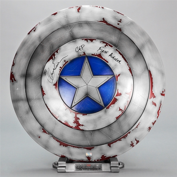 Chris Evans Autographed Captain America: The Winter Soldier Prop Replica 1:1 Scale Battle Damaged Shield with Rare Cap First Avenger Inscriptions