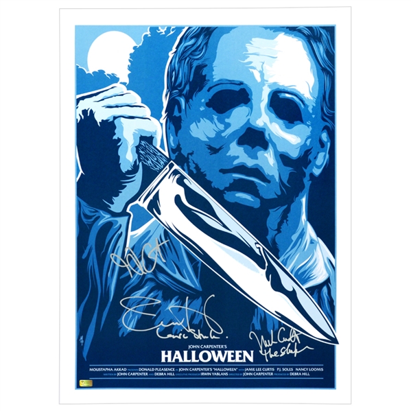 Jamie Lee Curtis, Nick Castle and John Carpenter Autographed Halloween 18x24 Silver Screen Edition Print