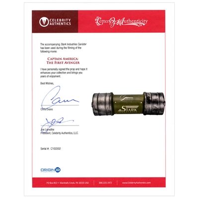 Chris Evans Autographed 2011 Captain America The First Avenger Screen Used Stark Industries Prop Canister