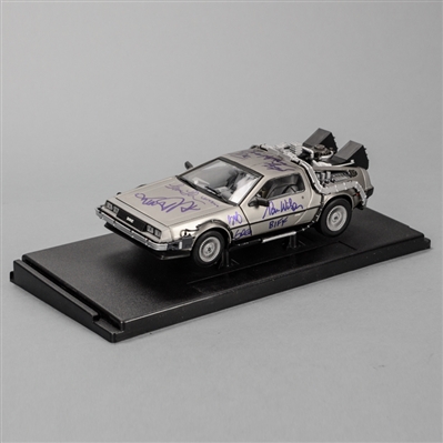 Michael J. Fox, Christopher Lloyd, Thomas Wilson, Lea Thompson, Claudia Wells and Bob Gale Autographed Back to the Future 1:18 Scale Die-Cast DeLorean